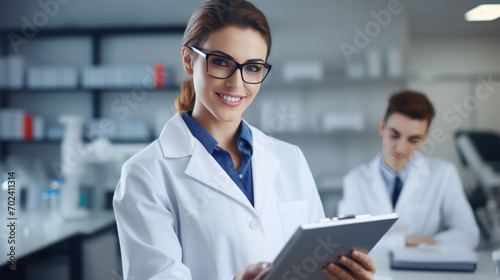 Cheerful female scientist wearing glasses and a lab coat is holding a tablet in a modern laboratory setting