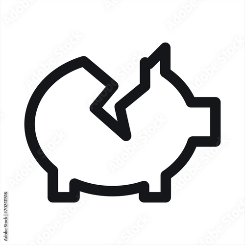 Broken piggy bank icon. Financial crisis. Savings. Broke. Recession. Vector icon isolated on white background.