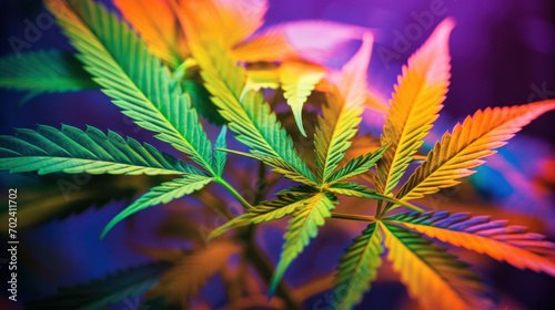 Cannabis leaves or marijuana of plant on dark blurred background with sunlight.