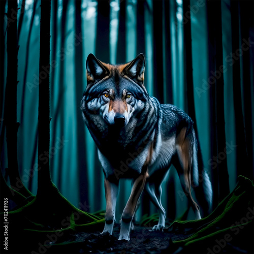 wolf in the night in middle of the cold forest.