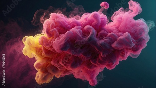 Magenta and yellow smoke merging in mid-air on a dark background, forming a heart-shaped pattern with a romantic and expressive character.