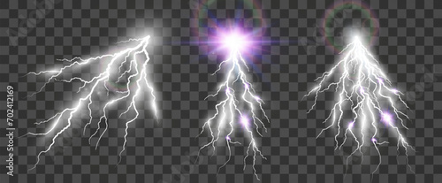 
Set of electric lightning and thunderstorms. Light effect from rain.
