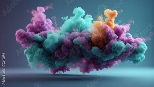 Turquoise and purple smoke whimsically intertwine, forming an intricate dance on a muted blue background, evoking a sense of fluidity and grace.