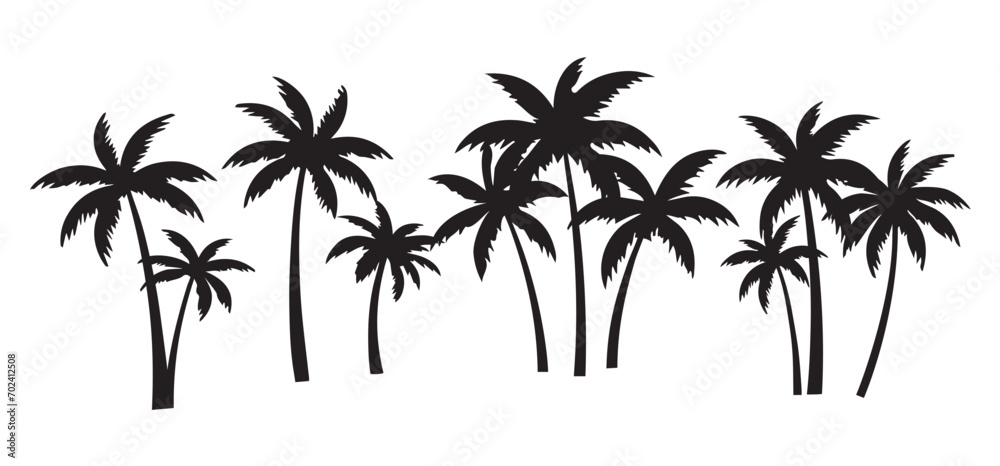 Fototapeta premium Black palm tree set vector illustration on white background silhouette art black white stock illustration