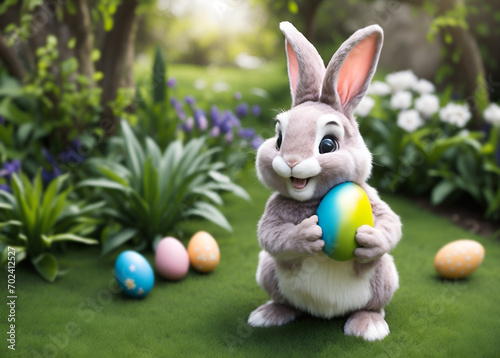 Adorable easter bunny holding an easter egg in the garden