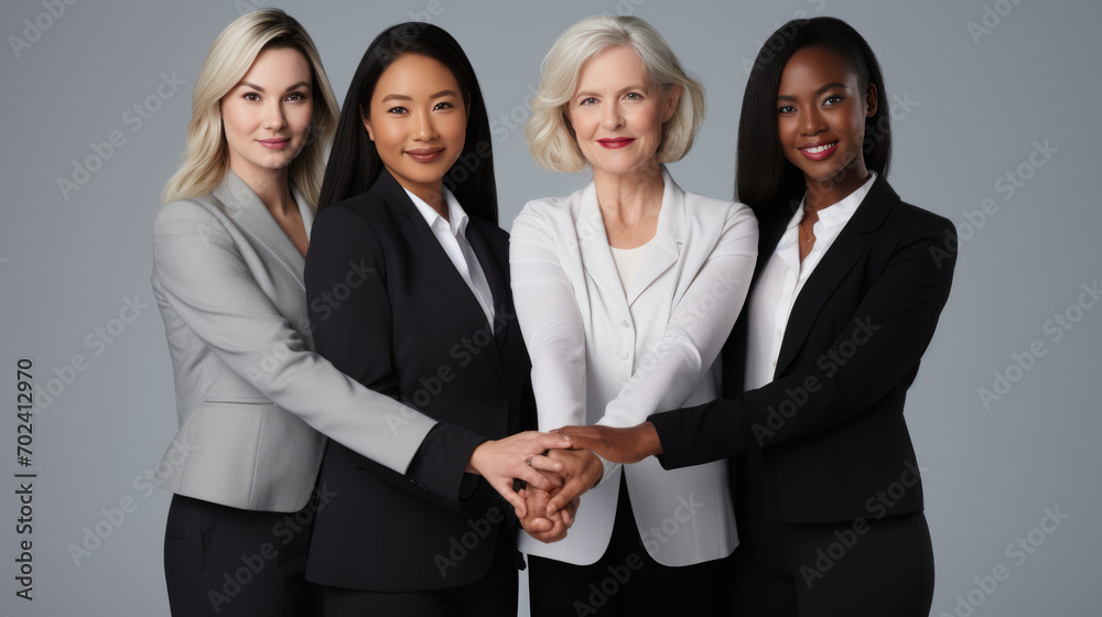 Group of five women in professional attire, smiling and standing close together, with their hands joined in a sign of unity and support Group of five women in professional attire, smiling and standing close together, with their hands joined in a sign of unity and support