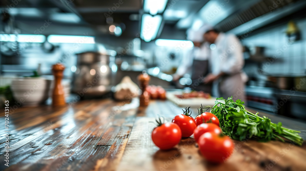 Generative AI, busy chefs working on the restaurant kitchen , blurred background