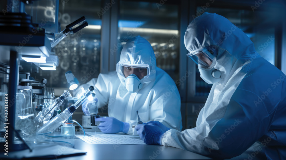 Two scientists in full protective suits, including masks and gloves, are conducting research in a high-tech laboratory environment, using microscopes and other scientific equipment.
