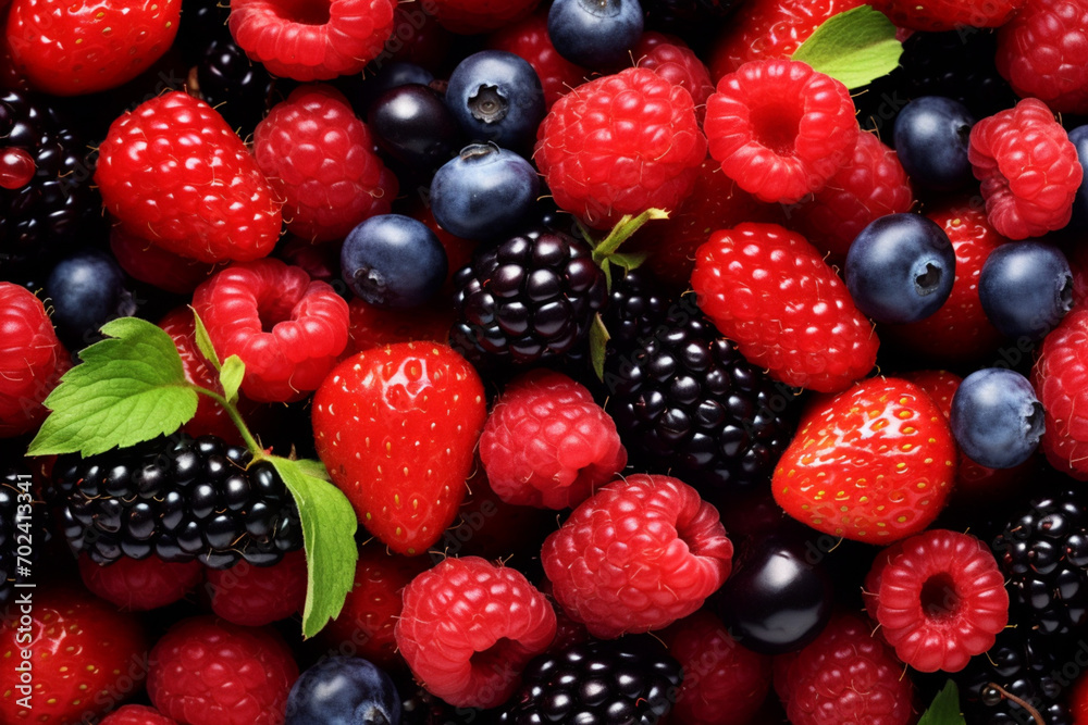 Variety of fresh berries including strawberries raspberries blueberries blackberries and red currants on a white background The berries are ripe and juicy with bright colors and a glossy sheen - obrazy, fototapety, plakaty 