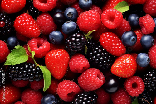Variety of fresh berries including strawberries raspberries blueberries blackberries and red currants on a white background The berries are ripe and juicy with bright colors and a glossy sheen photo