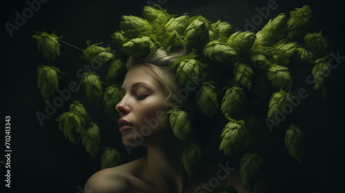 Sinnliches Portrait einer Frau mit Hopfen-Blüten um den Kopf. Profil. Illustration mit grünem Hintergrund