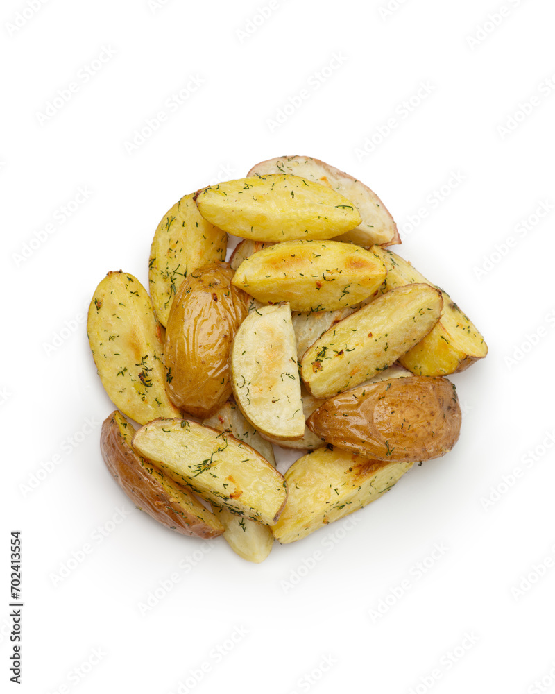 A plate with baked potatoes on a white background