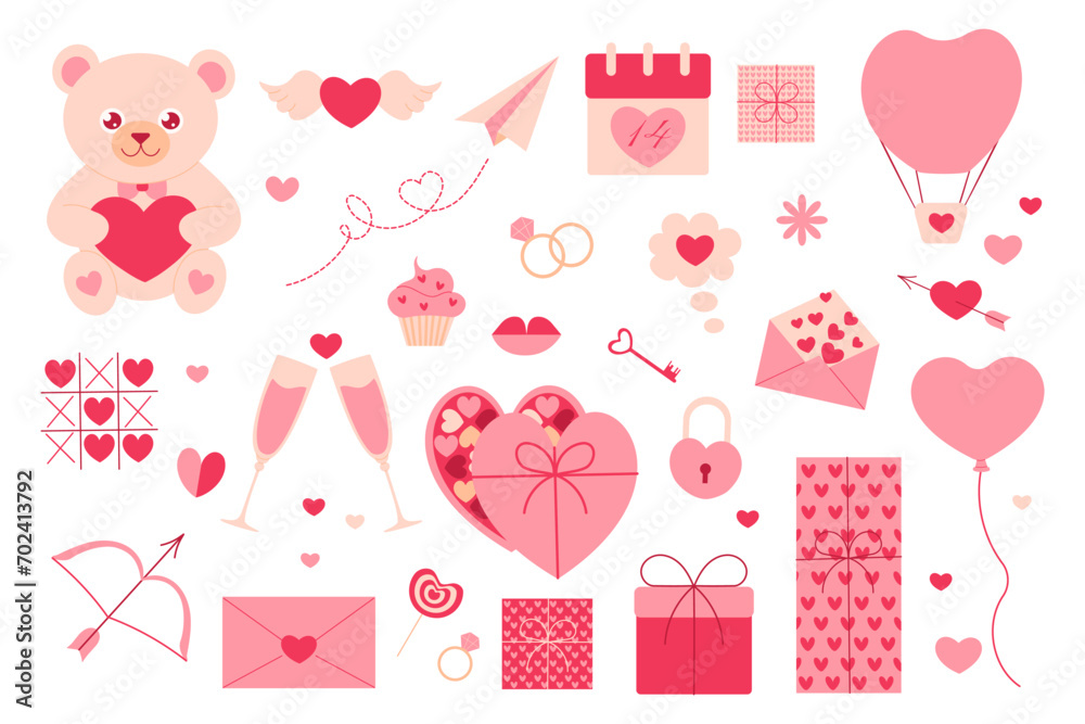 Valentine’s Day set with teddy bear, gift, lips, cake, candy, hearts - obrazy, fototapety, plakaty 