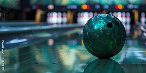 Close-up of a green bowling ball in a bowling alley. Red ball hitting the pins for a strike. Entertainment center, the ball rolling to the pins. photo