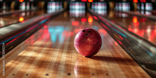 Close-up of a pink bowling ball in a bowling alley. Red ball hitting the pins for a strike. Entertainment center, the ball rolling to the pins.