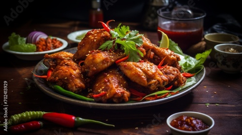 thai crispy chicken street food, food photography, 16:9