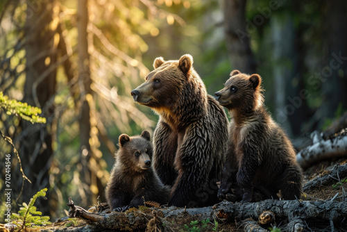 A grizzly bear mother and her playful cubs in a forest setting