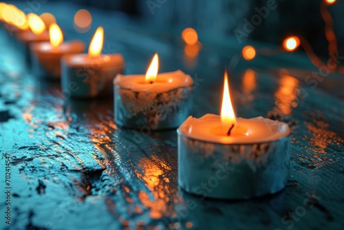 burning candles on a wooden background. Generative AI