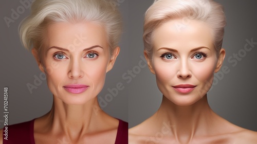 Comparison of woman s skin  aging and youth concept, before vs after beauty treatment photo