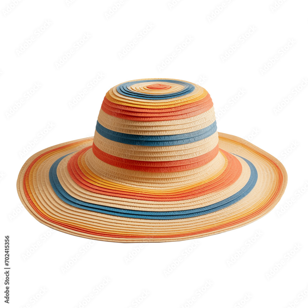 Straw sun hat isolated on white background with colorfu stripes. Wide brim floppy beach hat. Summer fashion, beachwear, vacation, travel, UV protection, beach day, sun protection, beach bag Straw sun hat isolated on white background with colorfu stripes. Wide brim floppy beach hat. Summer fashion, beachwear, vacation, travel, UV protection, beach day, sun protection, beach bag