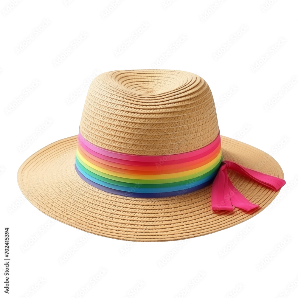 Straw sun hat isolated on white background with rainbow ribbon. Colorful fedora style beach hat. Inclusive fashion, beachwear, vacation, travel, Pride Parade, UV protection, beach day, sun protection Straw sun hat isolated on white background with rainbow ribbon. Colorful fedora style beach hat. Inclusive fashion, beachwear, vacation, travel, Pride Parade, UV protection, beach day, sun protection