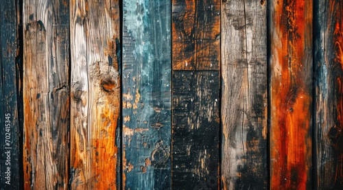 Colourful distressed wooden planks with rustic charm and textured patterns. photo