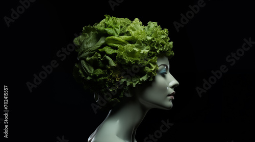 Sinnliches Portrait einer Frauen-Skulptur mit Salat auf dem Kopf. Surreale Illustration. 