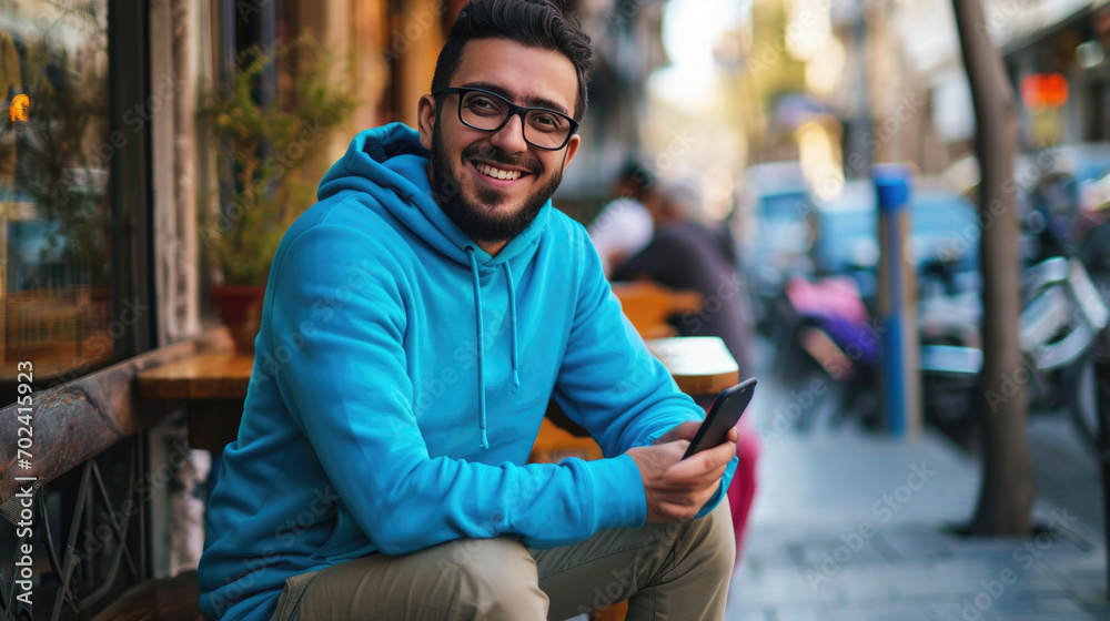 Man with a beard and glasses wearing a blue hoodie, sitting at an outdoor table of a cafe, smiling at the camera while holding a smartphone in his hands.