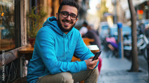 Man with a beard and glasses wearing a blue hoodie, sitting at an outdoor table of a cafe, smiling at the camera while holding a smartphone in his hands. © MP Studio