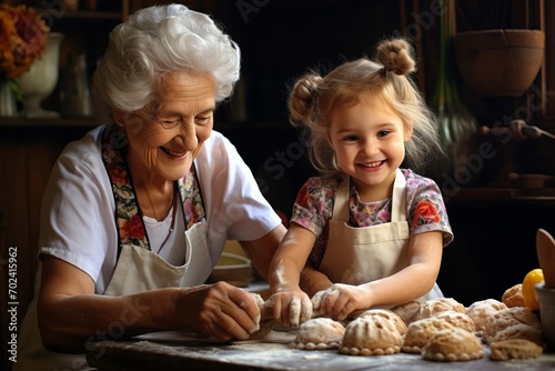 Grandma teaching grandkid to roll yeast cookie dough in a fun and educational baking session