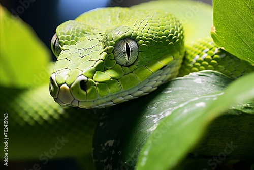 Close up macro shot of a vivid green snake gracefully coiled on a lush jungle tree branch