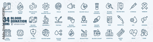 Blood donation, hematology and transfusion minimal thin line web icon set. Outline editable icons collection. Simple vector illustration. photo