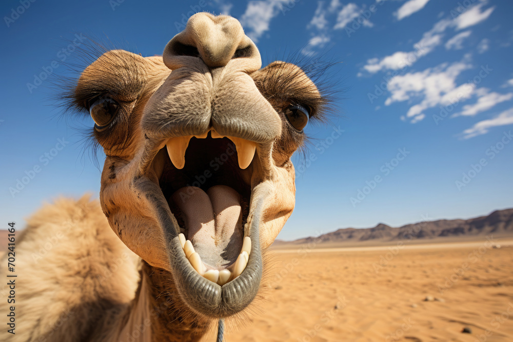 Surprised or angry funny camel with an open mouth on the background of the Sahara sands. Humorous photography