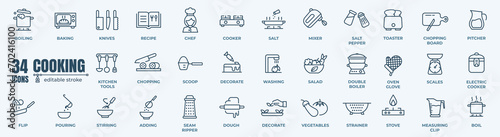Cooking related line icon set. Pot, pan and kitchen utensils linear icons.