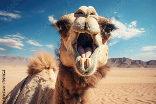 Surprised or angry funny camel with an open mouth on the background of the Sahara sands. Humorous photography photo