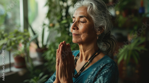 Older woman with gray hair, sitting in a cross-legged yoga pose with her eyes closed and hands in a meditative gesture