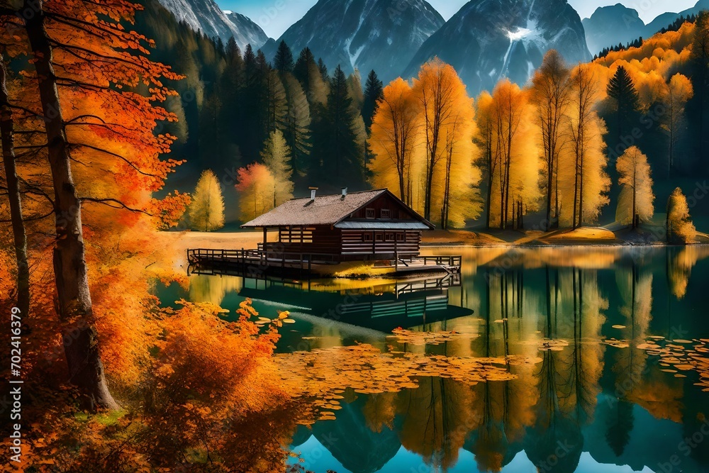 A breathtaking autumn scene unfolds at Hintersee lake, capturing the vivid morning view of the Bavarian Alps. Nature's beauty is on full display with vibrant foliage reflecting on the serene lake, 