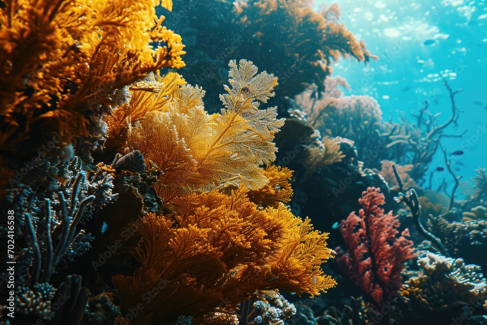 Fototapeta premium A vibrant underwater oasis teeming with life, as yellow and orange seaweed dances among the stony corals, providing a colorful home for a diverse community of invertebrates and marine animals in this