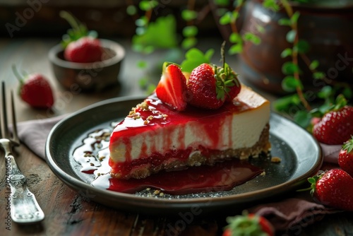 A decadent slice of creamy cheesecake adorned with luscious strawberries sits atop a delicate plate, evoking feelings of indulgence and culinary artistry in a cozy indoor setting