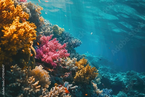 A mesmerizing underwater world filled with vibrant stony corals, swaying seaweed, and diverse marine life including colorful fish and delicate invertebrates
