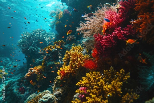 Vibrant marine life dances among the stony corals and seaweed in this mesmerizing underwater world  inviting you to dive into the beauty and wonder of the ocean