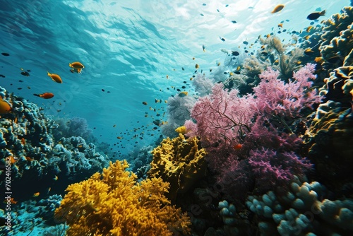A vibrant underwater world teeming with diverse marine organisms, including stony corals, colorful fish, and swaying seaweed, can be explored through scuba diving in the mesmerizing coral reef