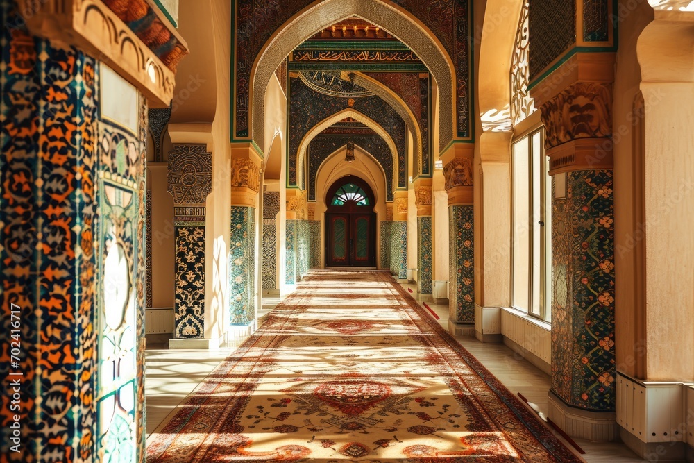 A grand arcade of intricate symmetry leads to a mosque's ornate doorway, inviting one to step inside and admire the art adorning the walls and arches