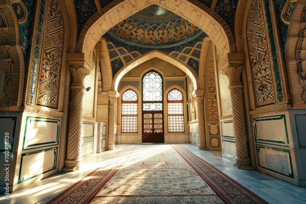 An impressive mosque with grand arched windows and symmetrical architecture, showcasing stunning vaulted ceilings and intricate art, all within the walls of a large ornate building