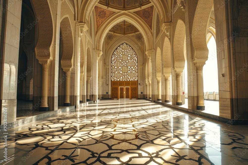 The grand architecture of the building's arched windows and intricate tile work evokes a sense of symmetry and art, reminiscent of a mosque or church, while the vaulted ceilings and columns add to th