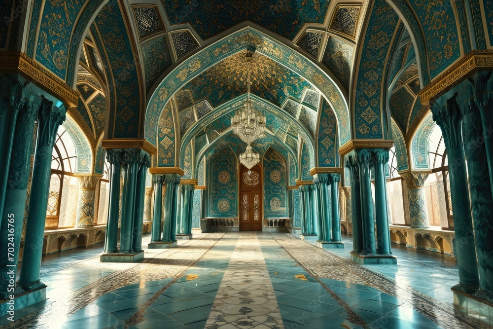 The grandeur of the ornate room was amplified by the symmetry of the blue columns and gold trim, creating a regal atmosphere reminiscent of ancient roman architecture