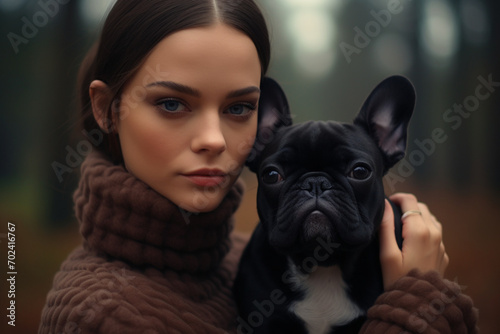 Young woman with her french bulldog puppy on a walk in the park 