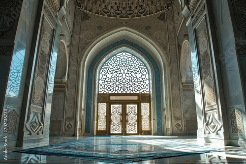 An intricate archway leads to a world of symmetry and art within the grand walls of a majestic mosque