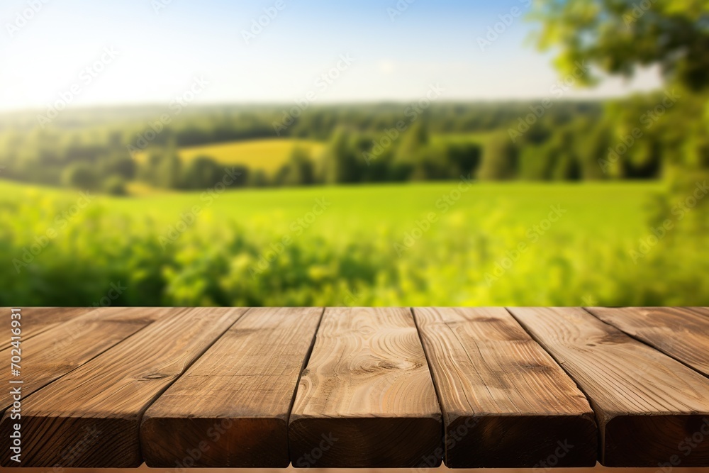 Wooden board on blurred green landscape background Wooden board on blurred green landscape background