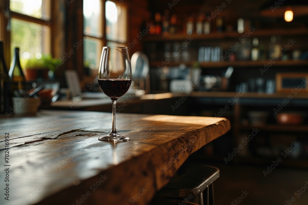 An elegant evening awaits as a glass of wine sits atop a wooden table, surrounded by barware and the ambiance of a cozy indoor drinking establishment